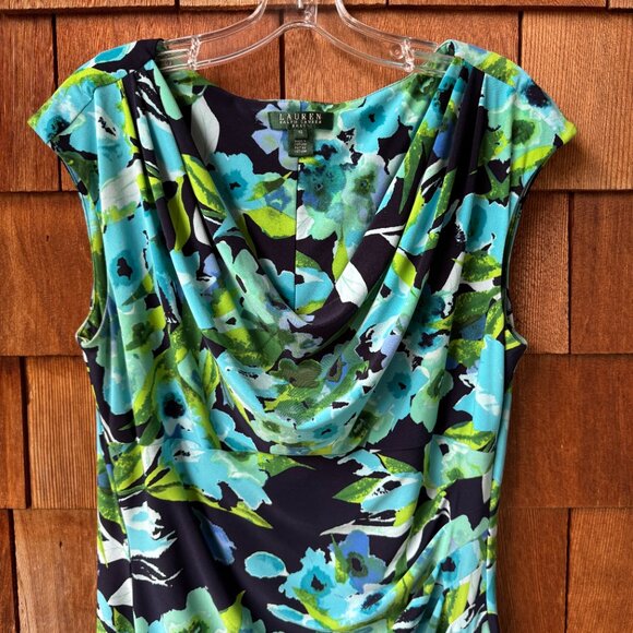 EUC Ralph Lauren Flora Sleeveless Drape Neckline Side Ruching Dress - Women's 16 - Picture 4 of 11